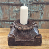 Antique Handcarved Wooden Old Pillar Candle Stand Holder Brown 08